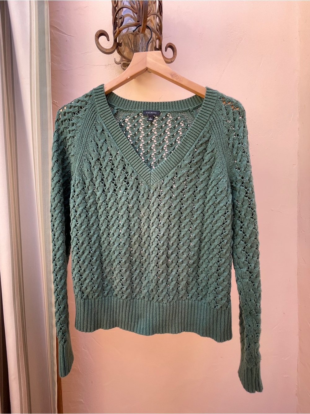 Talbot’s Cable Knit V-Neck Sweater in Green